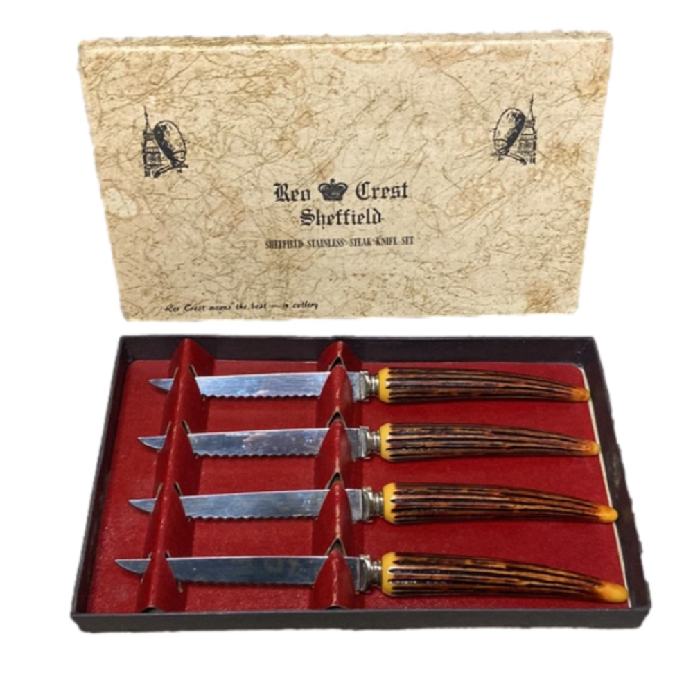 Vintage Reo Crest Sheffield Steak Knife Set Of 4 Original Box Stag Horn Handles